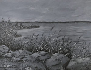 "Koguva sadamas" (29,3x22,8; tušš ja grafiit; 2019)