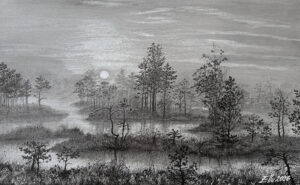 "Vaikus" (32,5x20; tušš ja grafiit; 2026)